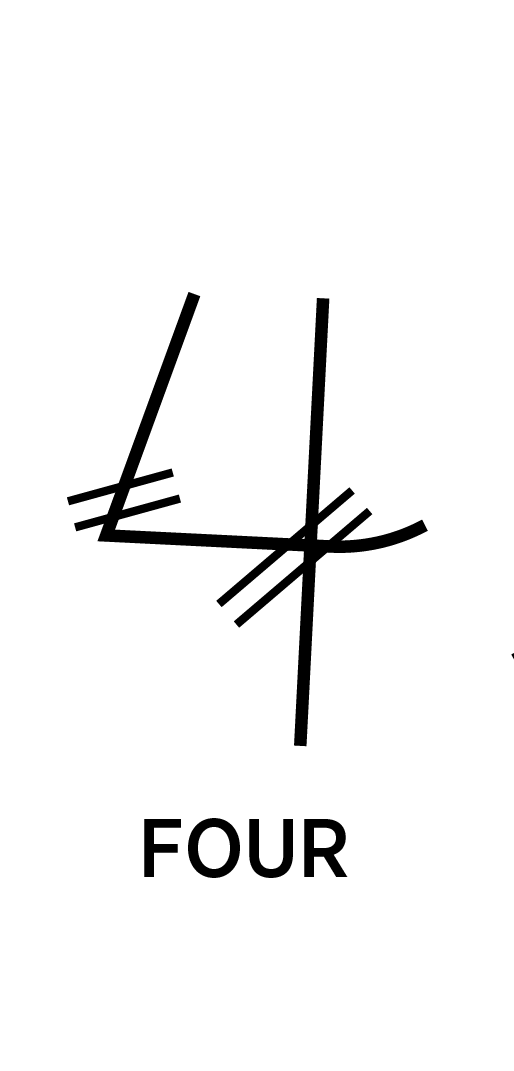 Illustration of a livestock branding symbol shaped like the number 4 with diagonal vent marks and the word 