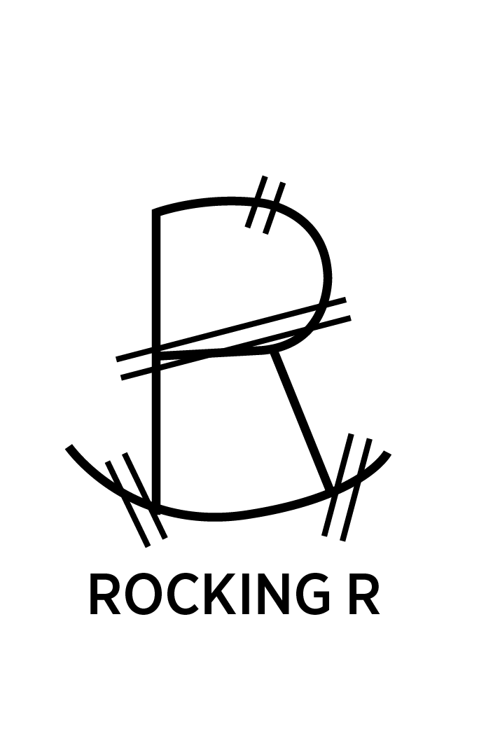 Illustration of a livestock branding symbol for a rocking R with vent marks, and the words 