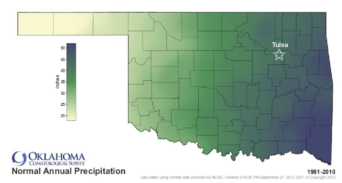 Normal annual precipitation in Oklahoma.