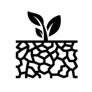 A silhouette of a leave and a cut open earth section, the Drought resistant icon.