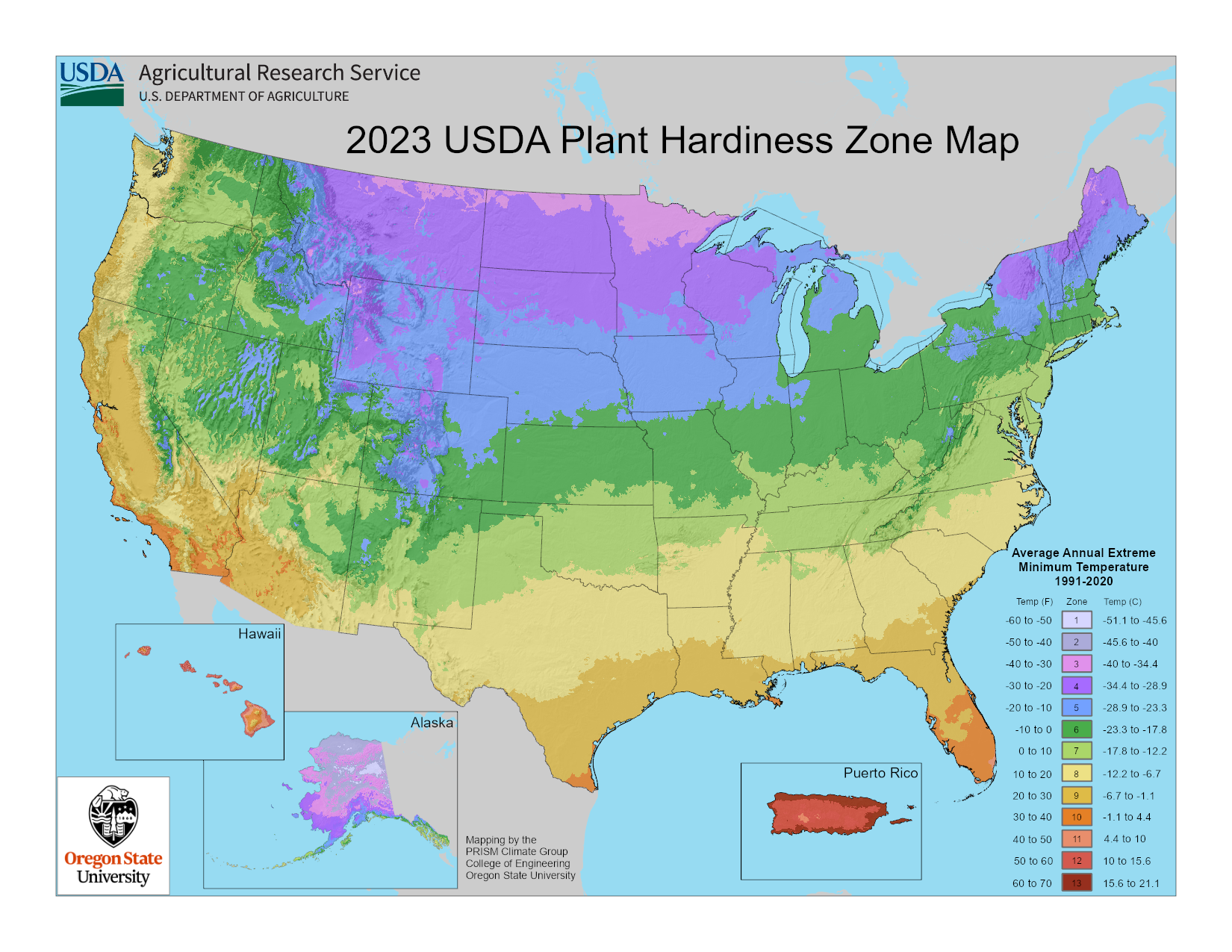 A map of the United States of America from the USDA Agricultural Research Service by Oregon State University that shows the 2023 USDA Plant Hardiness Zone Map. The map displays the average annual extreme minimum temperature from 1991 to 2020.  Light pink displays -60 to -50 F, light purple is -50 to -40 F, pink is -40 to -30 F, purple is -30 to -20 F, blue is -20 to -10 F, green is -10 to 0 F, light green is 0 to 10 F, light yellow is 10 to 20 F, yellow is 20 to 30 F, orange is 30 to 40 F, light orangfe is 40 to 50 F, dark orange is 50 to 60 F and red is 60 to 70 F. 