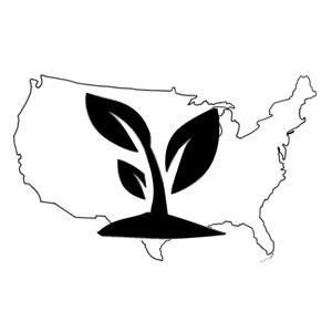The Native Plant Icon, a black outline of the United States with a silhouette leaves on top.