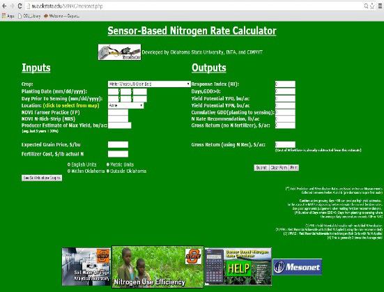 Screenshot of the sensor-based nitrogen rate calculator.