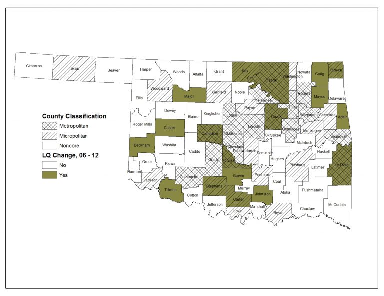 Oklahoma counties that changed industries with highest Location Quotient between 2006 and 2012 Oklahoma counties that changed industries with highest Location Quotient between 2006 and 2012