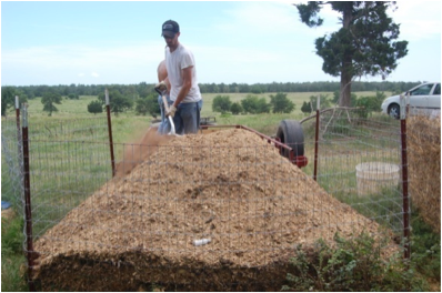 A compost pad with the carcass burried underneath the bulking agent.