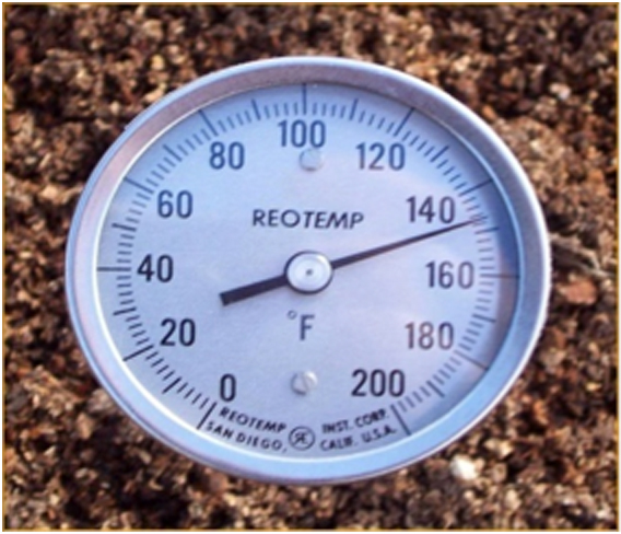 A long stem thermometer used to measure the internal temperature of the compost pile.