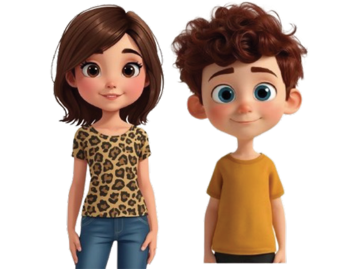 Two 3D-animated children, a girl in a leopard-print shirt and a boy with curly reddish-brown hair, stand side-by-side with gentle smiles against a plain white background.