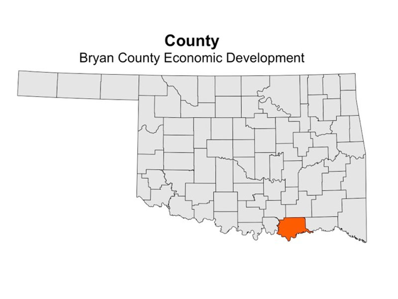 This map is a map of Oklahoma and has Bryan County highlighted in orange.