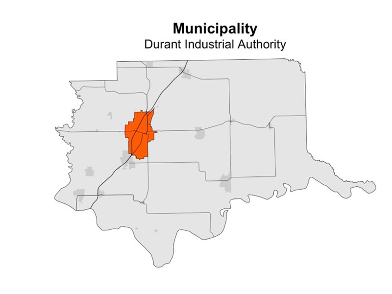 This map has the city Durant highlighted in orange.