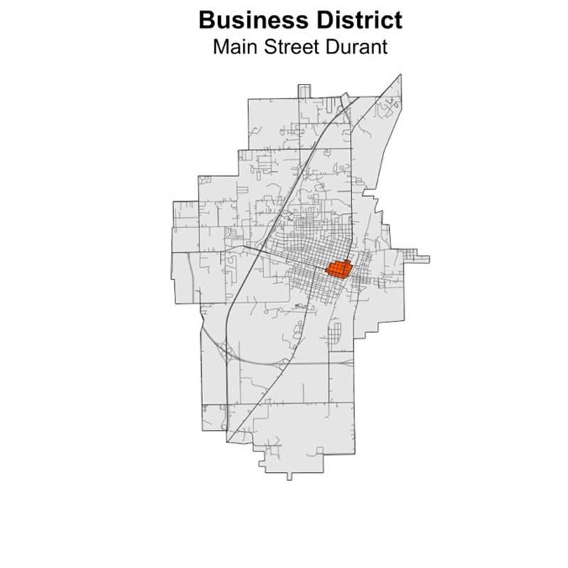 This map is the Business District of Durant with the Main Street of Durant highlighted in orange.