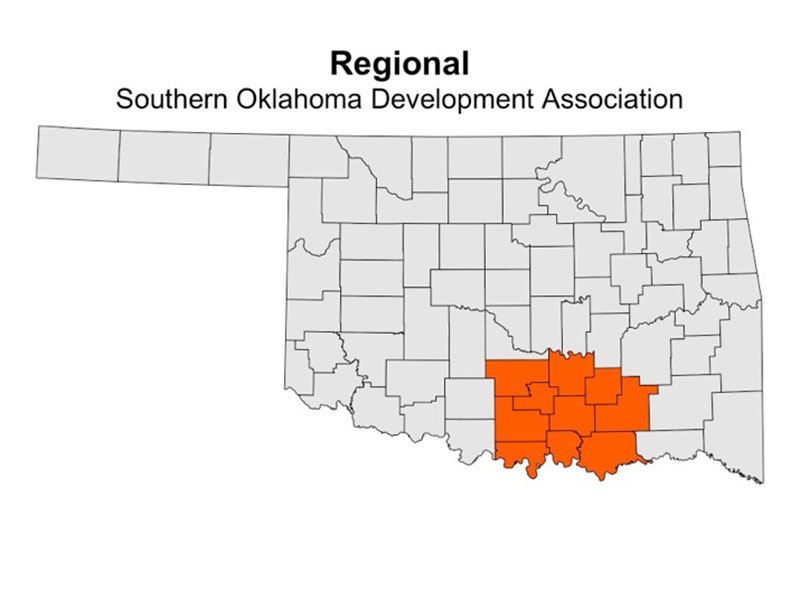 This map is a map of Oklahoma and has the Regional Association highlighted in orange.