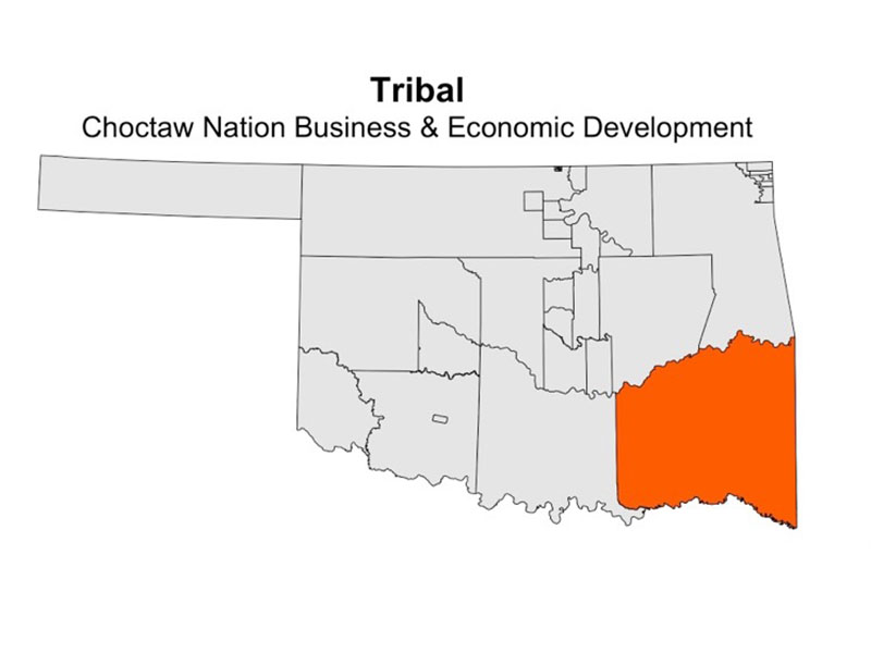 This is a map of Oklahoma with the Choctaw Nation Tribal section is highlighted in orange.