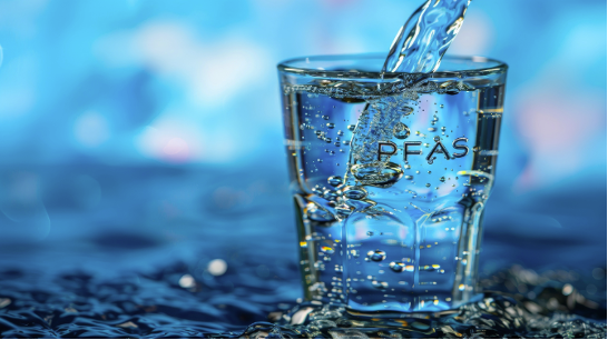 A water pouring in a glass with "PFAS" letters on the glass.