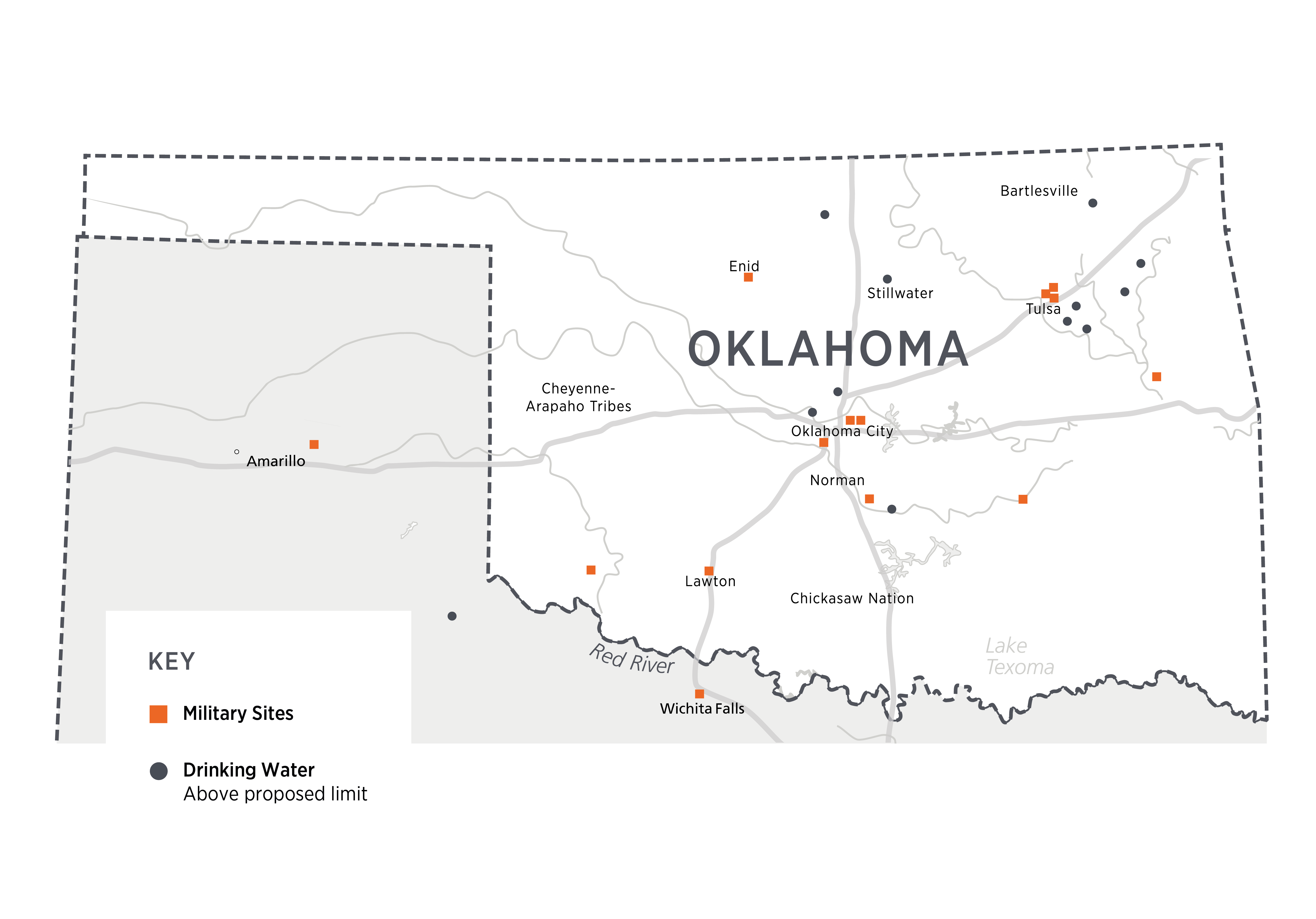 A map of Oklahoma with orange squares for military sites and black dots for drinking water proposed limit sites. Military Sites are close to Amarillo, Lawton, Wichita Falls, Norman, Enid, Oklahoma City and Tulsa.