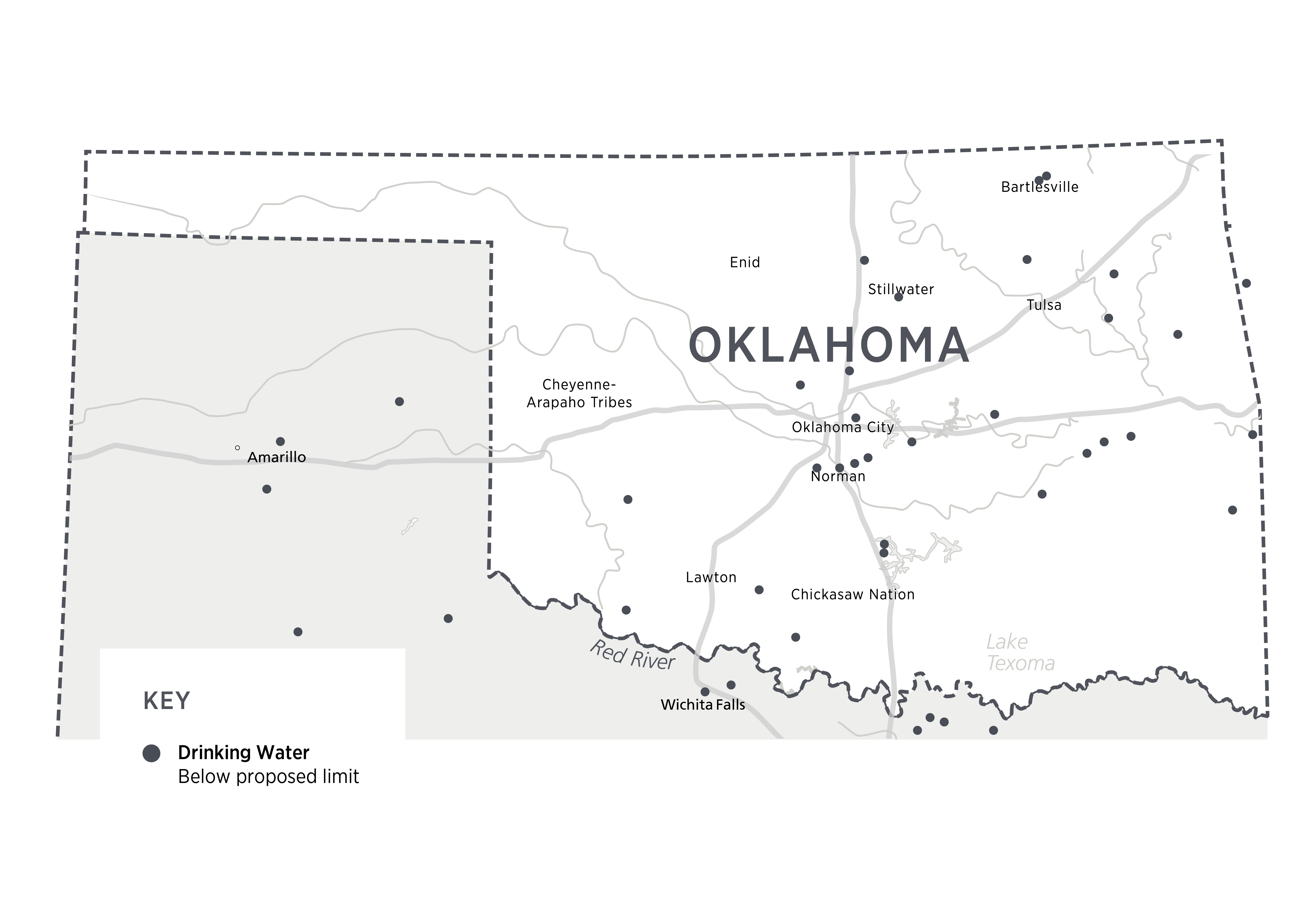 A map of Oklahoma with black dots for drinking water below proposed limit sites.