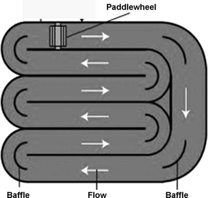 A simplified diagram of a raceway pond.