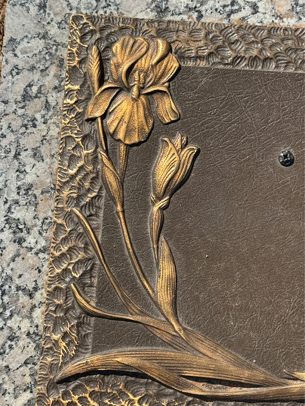 Close-up of bronze grave marker with engraved lily and floral border on textured surface, detailed memorial design symbolizing peace and remembrance.