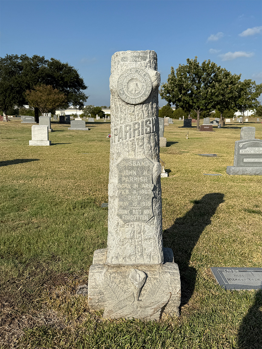Tall tree headstone with the name 