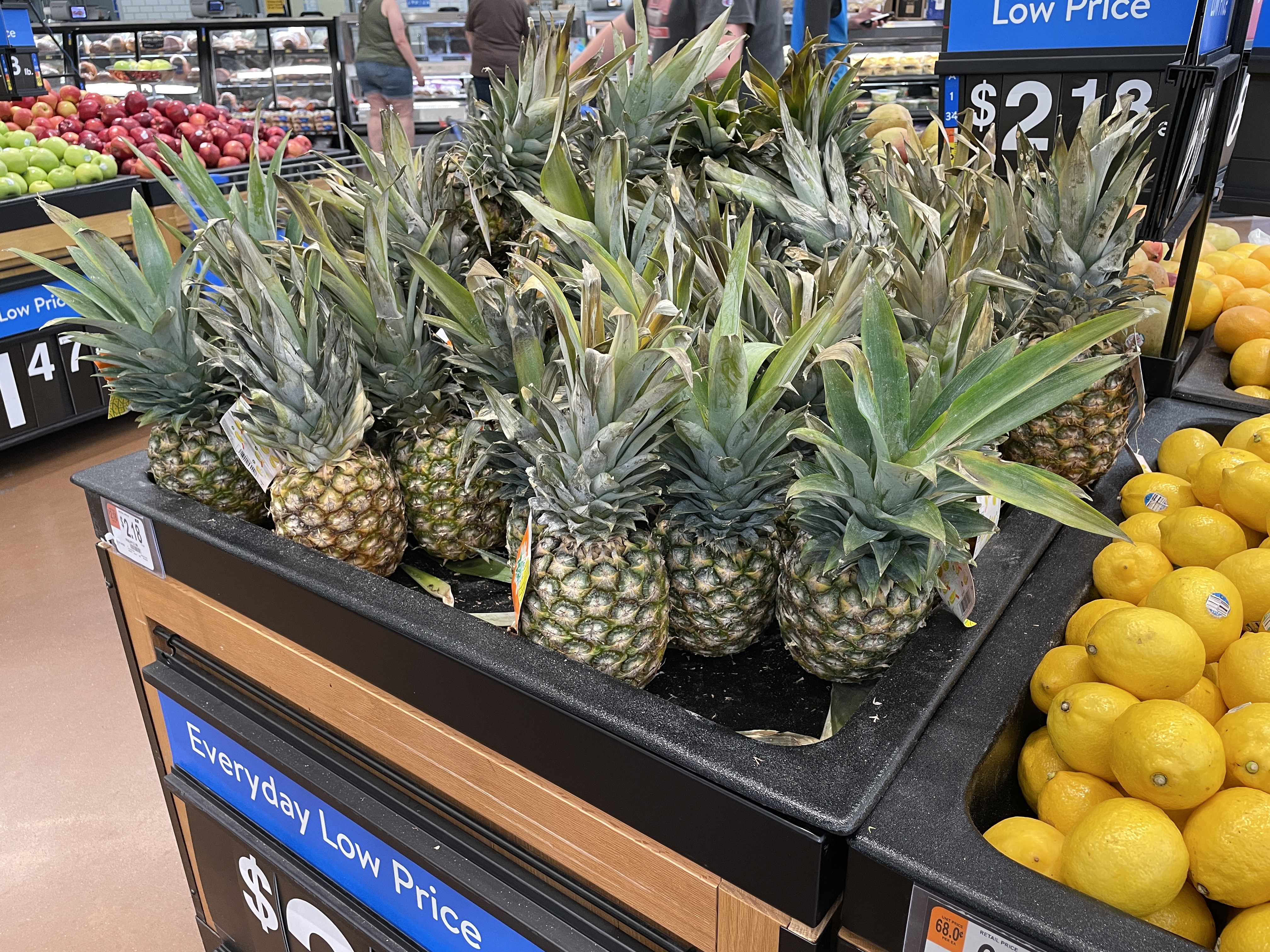 A basket of multiple pineapples at Walmart that are unripe.