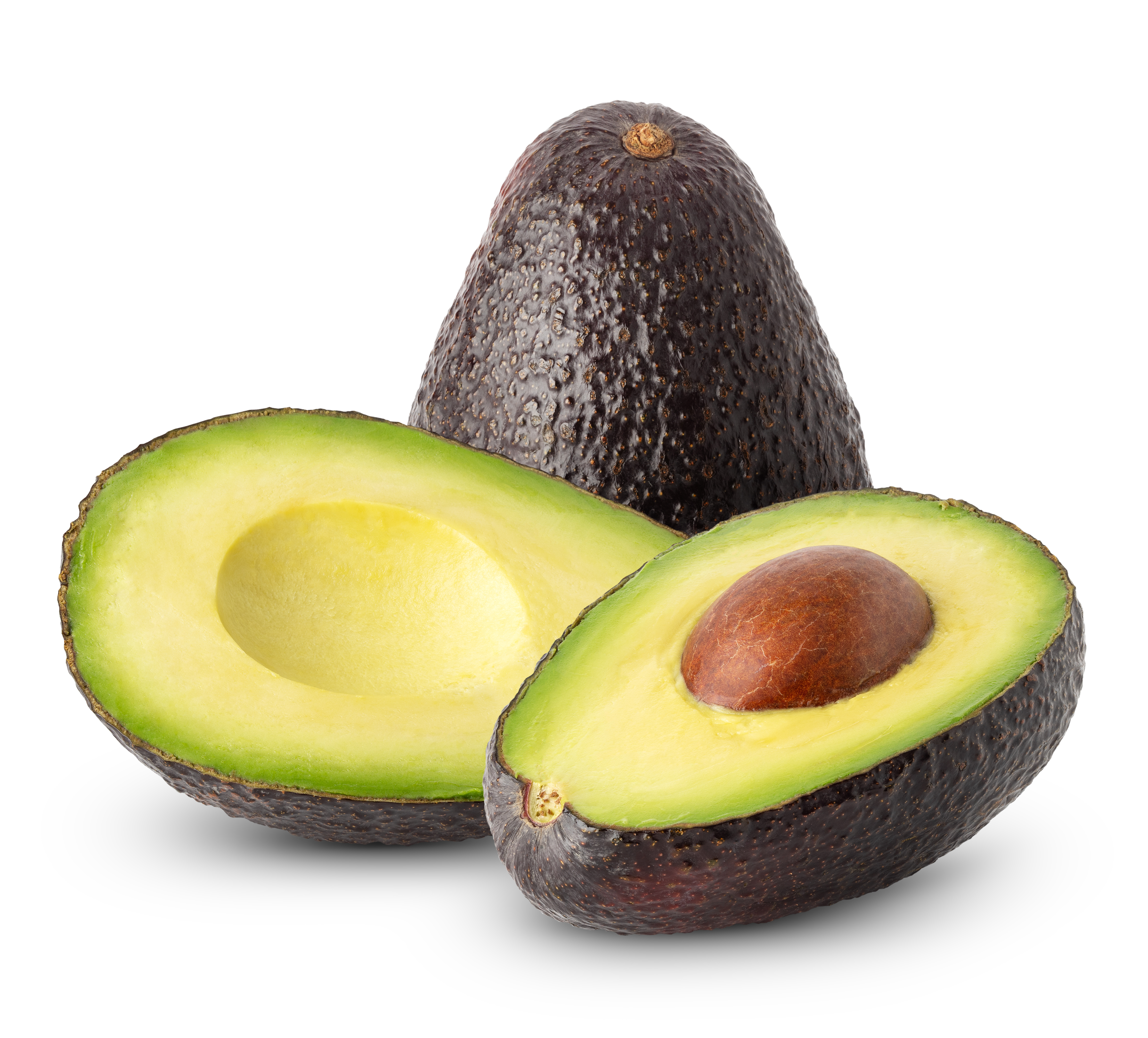 Two avocados with one split opened down the middle and the pit is visible.