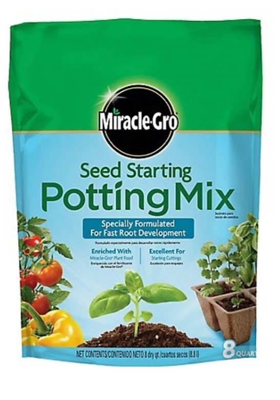 A bag labeled "Miracle Gro; Seed Starting - Potting Mix," formulated specifically for initiating seed growth.