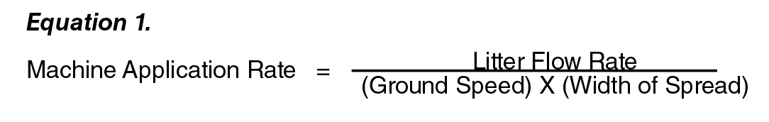 Equation 1: Machine Applicaiton rate = ( Litter Rlow Rate ) / ( (Ground Speed) x ( width of Spread ) ). Equation 1: Machine Applicaiton rate = ( Litter Rlow Rate ) / ( (Ground Speed) x ( width of Spread ) ).