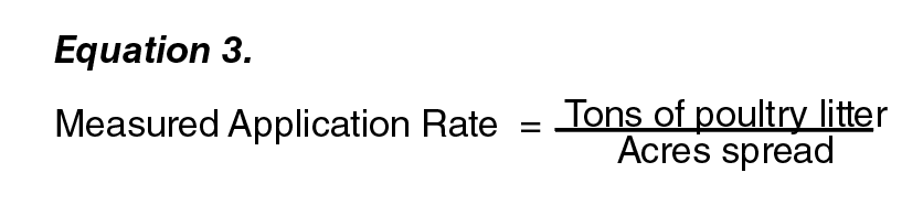 Equation 3: Measured Application Rate = (Tons of poultry litter ) / (Acres spread ). Equation 3: Measured Application Rate = (Tons of poultry litter ) / (Acres spread ).