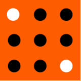 An orange square with 9 evenly spaced circles inside it. The circles in the top left corner and the bottom right corner are white. The rest of the circles are black.