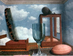 A painting of a room with clouds on the walls, a bed, and a wine glass.