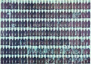 A repetitve pattern of vintage soda bottles.