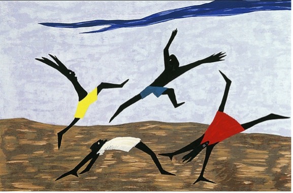 A painting of four peole in various states of doing flips.