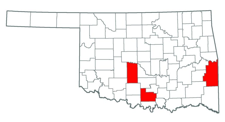 Oklahoma map showing where you can find Crown Vetch.