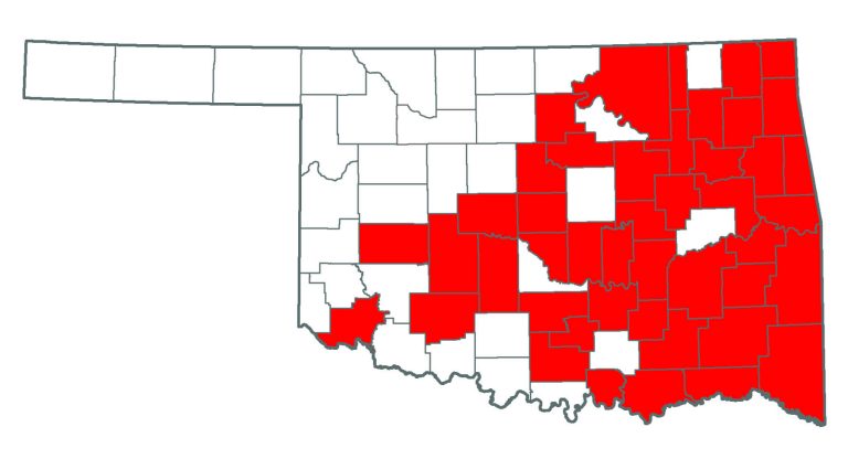 Oklahoma map showing where Japanese Honeysuckle is.
