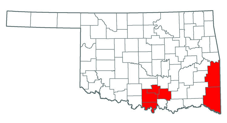 Oklahoma map showing where Hydrilla is found.