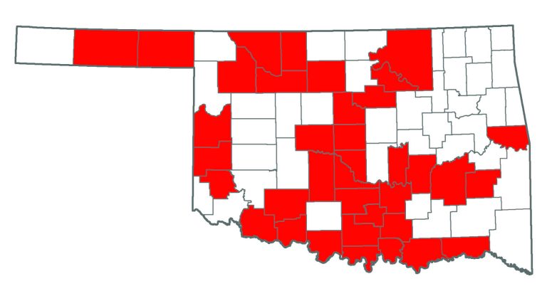 Oklahoma map showing where you can find Old World Bluestems.