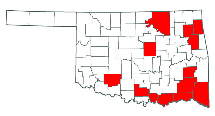 Oklahoma map showing where Parrotfeather is.