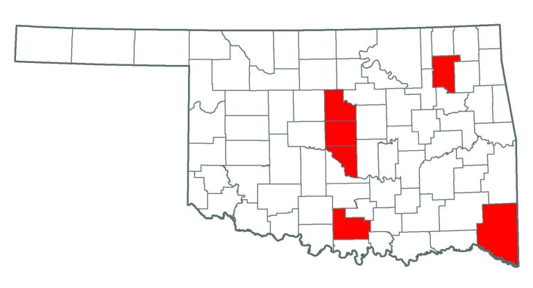 Oklahoma map showing where Purple Loosestrife is.