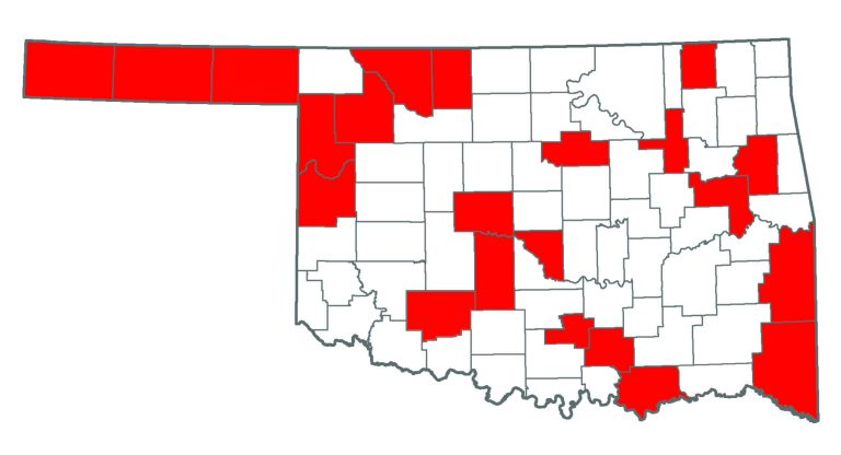 Map of Oklahoma showing where Autumn Olive and Russian Olive grow.
