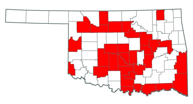 Oklahoma map showing where you can find Weeping Lovegrass.