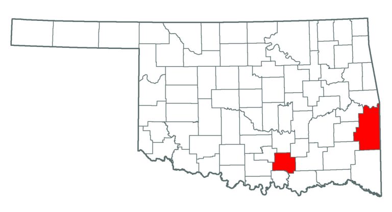 Oklahoma map showing wher Yellow Iris is found.