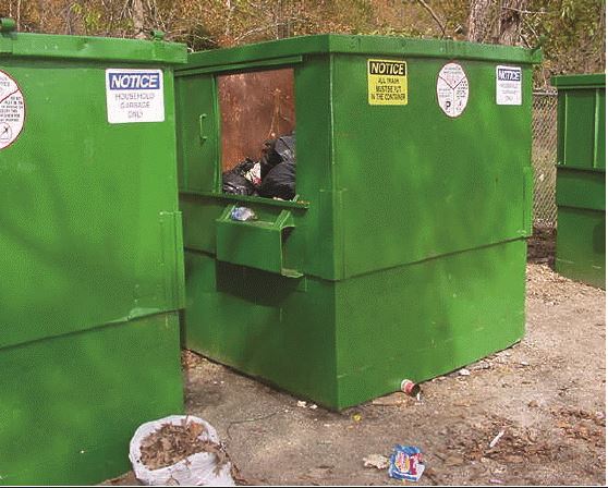 Two green dumpsters.