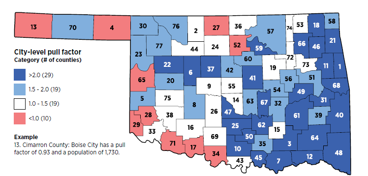 Map of Oklahoma outlining the counties for city-level pull factors in 2024.