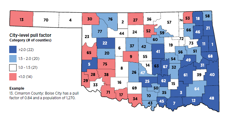 Map of Oklahoma outlining the counties for city-level pull factors in 2016.