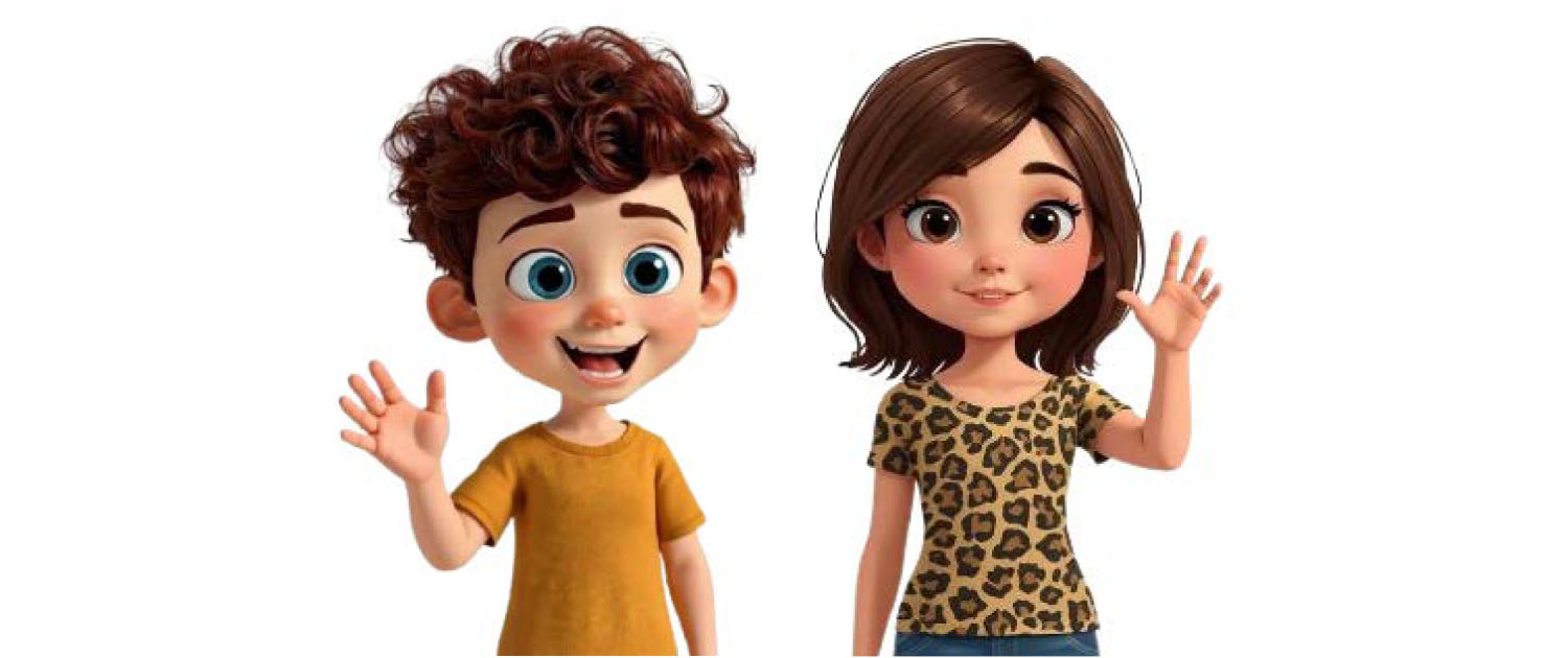 Two cheerful cartoon children, a boy and girl, smile and wave at the viewer.