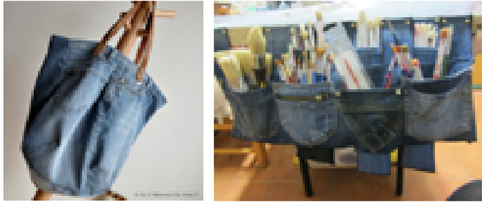 Old fabric from a pair of jeans is made into a bag.