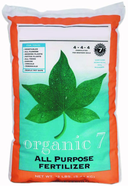 A bag of 4-4-4 organic 7 All Purpose Fertilizer.