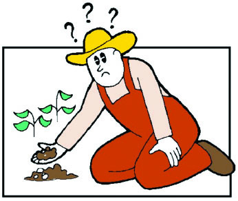 A cartoon of an unhappy farmer holding a handful of soil.