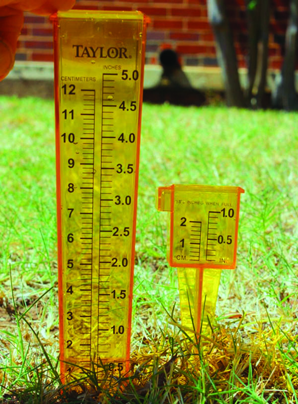 Tall rain gauge compared to short rain gauge.