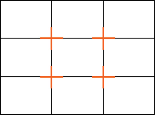 Nine sqaure boxes in a grid with orange plus signs in the middle.