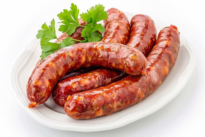 A plate of sausages with parsley.